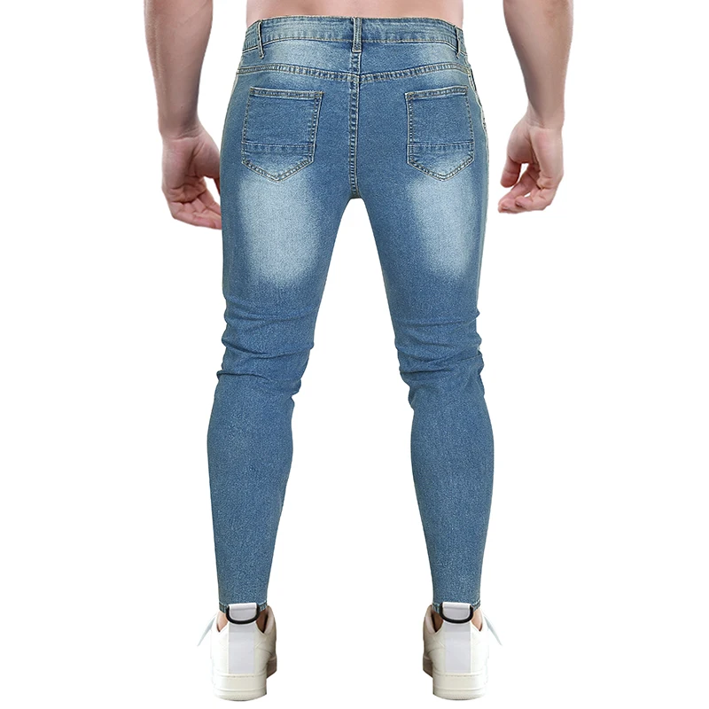 Make Old Ripped Skinny Denim Pants Stretch Slim Light Blue Casual Pants New Men 'S Solid Color