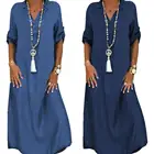 Повседневное женское платье с коротким рукавом Сторона разрезая подол с v-образной горловиной, свободного покроя, джинсовое платье с длинными рукавами модный свитер платье для женщин размера плюс