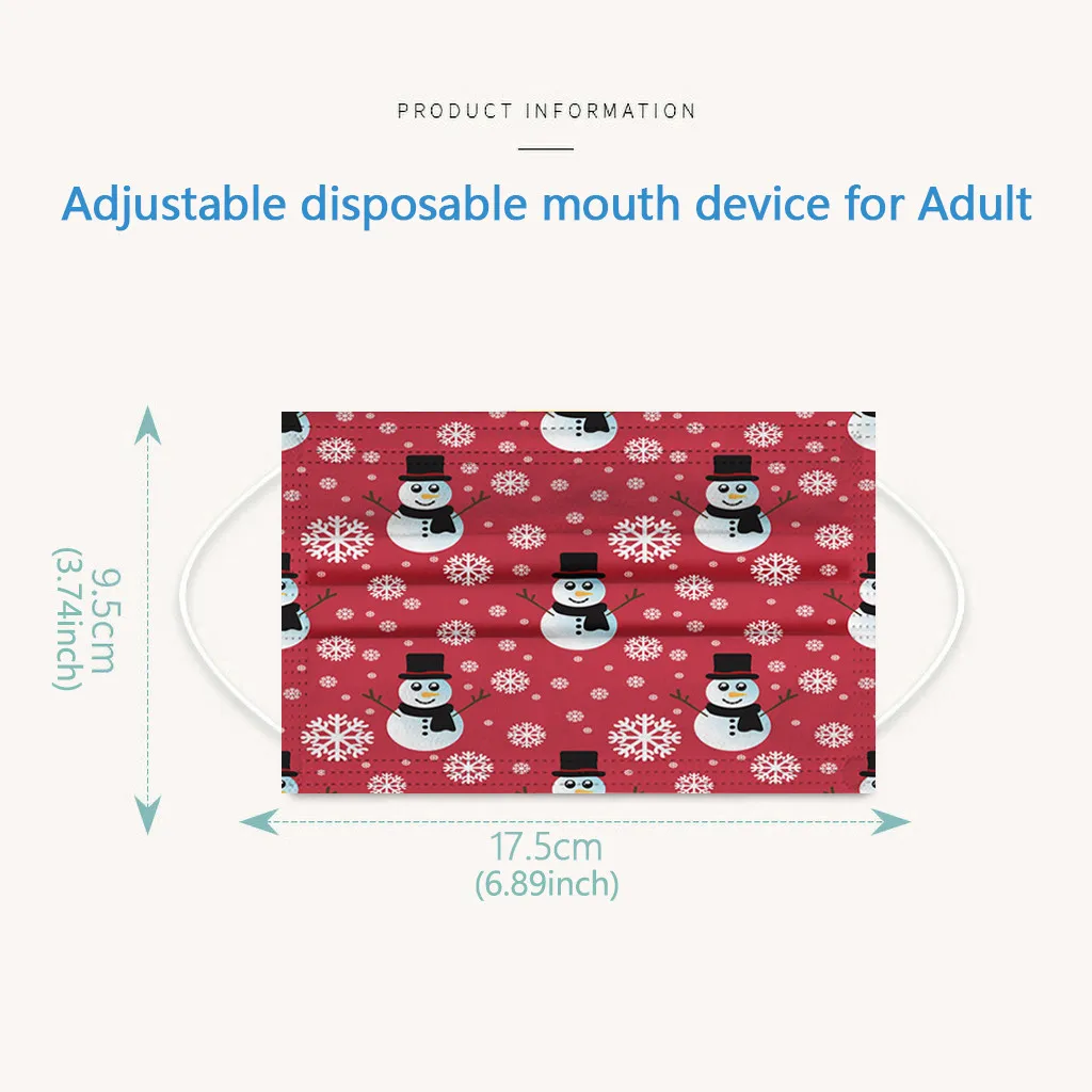

Adult Unisex Christmas Snowman Snowflake Pattern Prints Red Mask Disposable Industrial 3Ply Non-woven Ear Loop Face Mask 50pcs