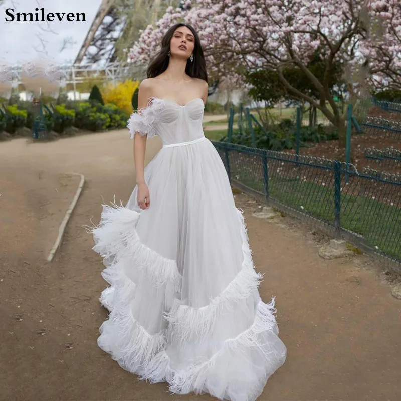 

Smileven A-line Wedding Dress2020 Elegant Feather Boho Bride Dresses vestido de casamento Turkey Wedding Gowns