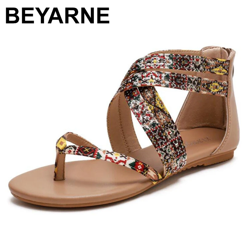 

BEYARNE Summer Sandals Woman PU Leather with Crystal Fashion Ladies Flat Heel Shoes Female Flip Flops Large Plus Size 36-42