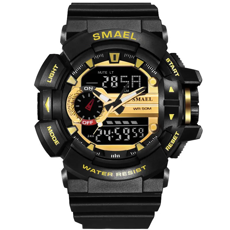 Gold SMAEL, желтые спортивные часы, двойной светодиодный, цифровые часы, кварцевые Analog-Digital1436, мужские наручные часы, военные мужские часы, цифровые часы - Цвет: Gold