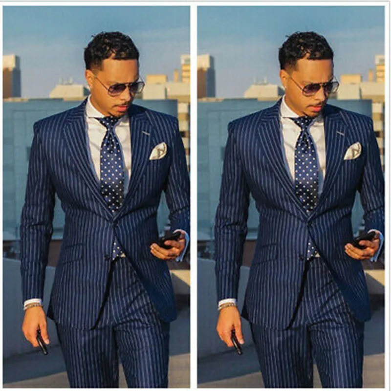 

Мужской костюм в полоску темно-синие смокинги для жениха индивидуальный костюм для деловечерние НКИ свадьбы