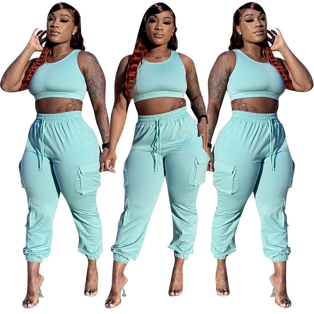 

RStylish 2021 Summer Outfits Women Tracksuit Solid Color Sleeveless Crop Top Cargo Pants Fitness Ladies Two Piece Matching Sets