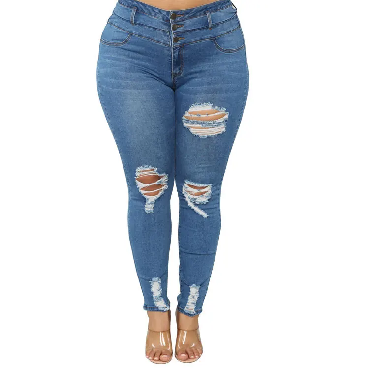 European and American high waist ripped large size fat jeans women small feet jeans women