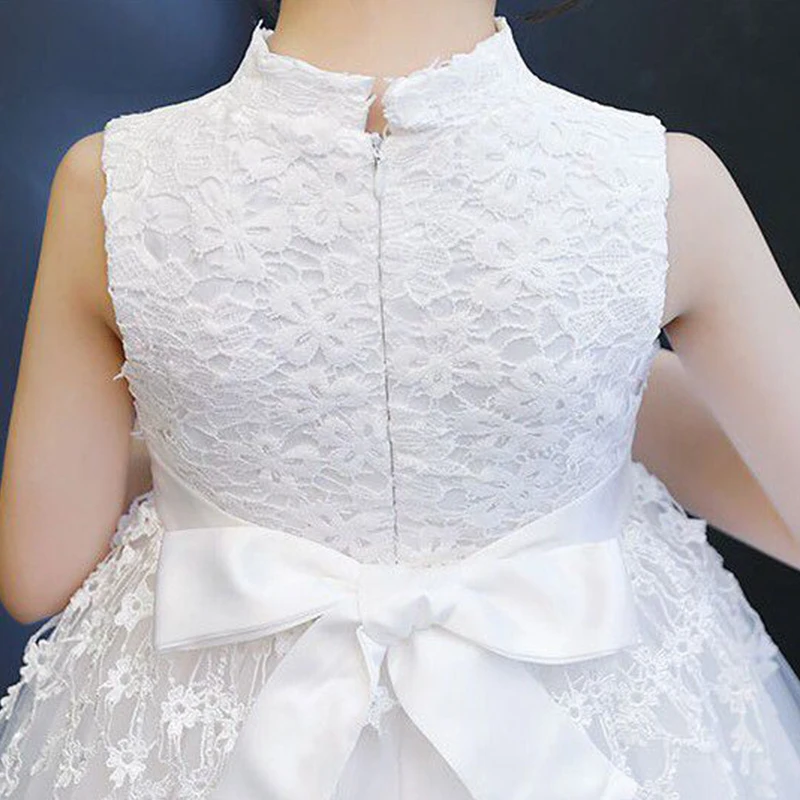 

Flower Girls Dresses Illusion Sleeveless High Tulle Lace Embroidery Knee-Length Luxury White Bow Kids Party Princess Gown F380