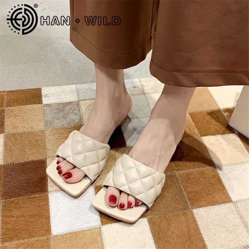 

Women Brand Summer Slides Square Head Open Toe Slippers Ladies Slip On Thin Heels Slides Women Mules Female Beach Flip Flops