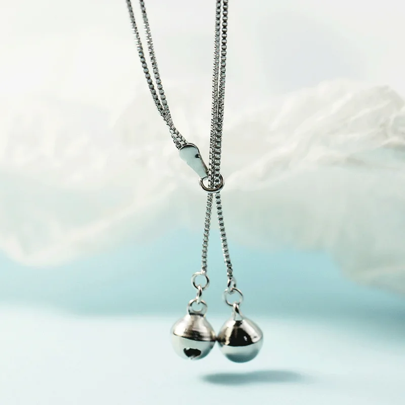 

925 Sterling Silver Double Bell Chain Necklace Pendant For Woman Teenage Young Girl Jewelry Gift