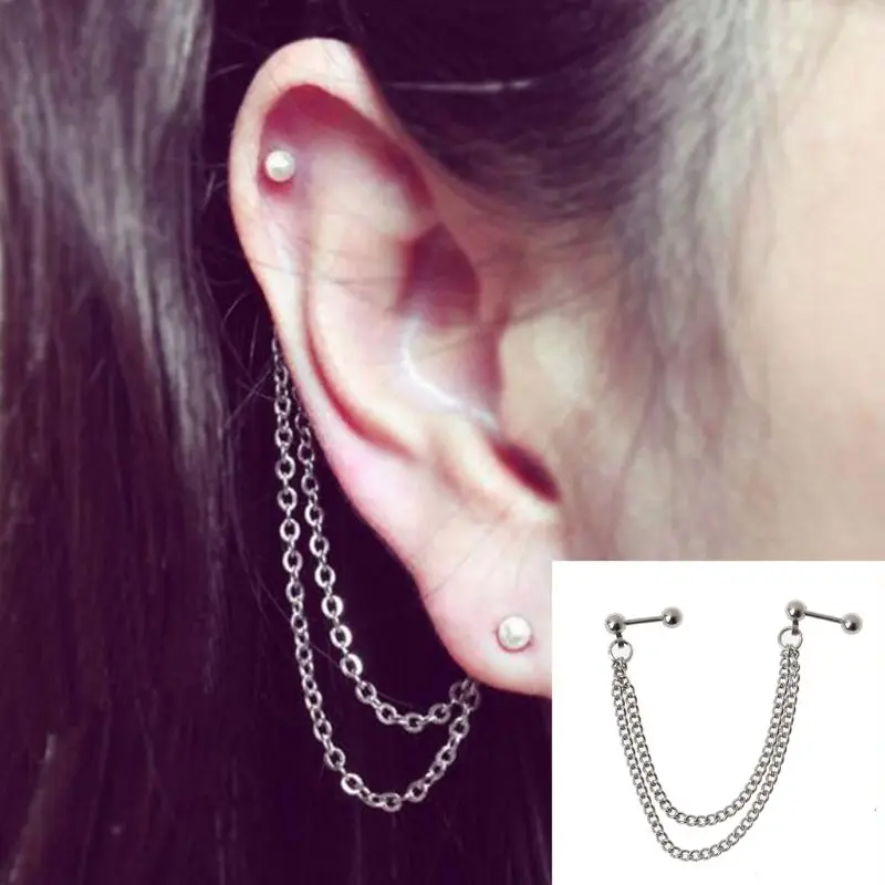 

1Pc Punk Ball Stud Cartilage Ear Cuff Wrap Double Chain Piercing Earring Unisex