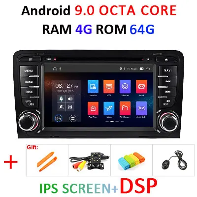 Для Audi A3 S3 2002-2011 2 din android 9,0 Автомобильный мультимедийный dvd-плеер gps Радио Стерео руль DSP ips 8 CORE 4G 64G OBD2 - Цвет: 9.0 4G 64G IPS DSP