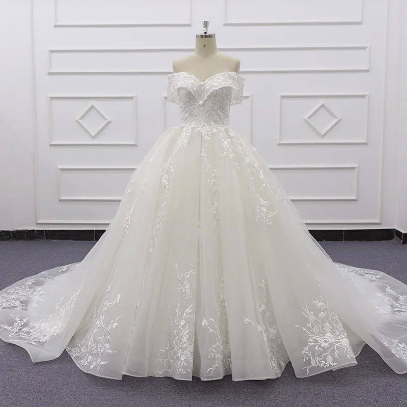 

Molanda Hung 2021 Vintage Lace Wedding Dress Sweetheart Ball Gown Draped Off Shoulder Vestido De Noiva ZIpper Bridal Gown SJ007