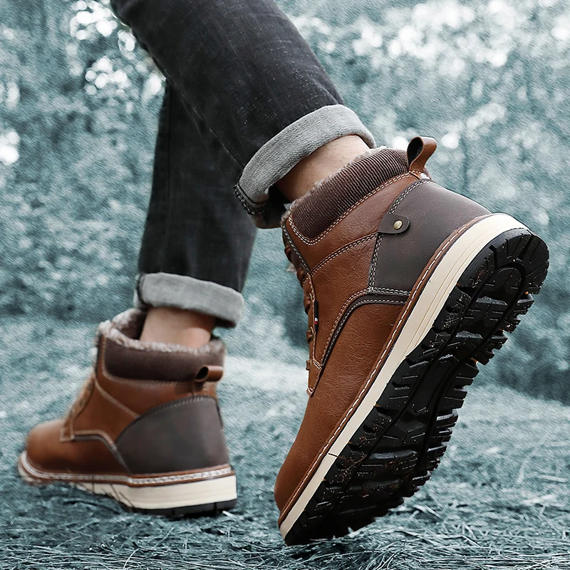 

Winter Men Boots with Fur Warm Snow men Boots Men lace up fashion Work Casual Shoes Sneakers High Top Rubber Ankle Boots