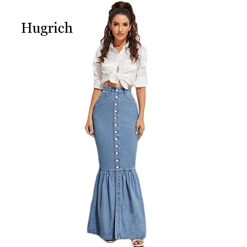 

Blue Button Front Fishtail Hem Denim Maxi Women Autumn Pocket High Waist Party Casual Slim Fitted Mermaid Skirts