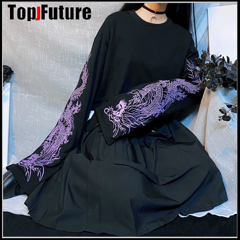 Женская футболка в стиле преппи с длинным рукавом и вышивкой виде дракона |