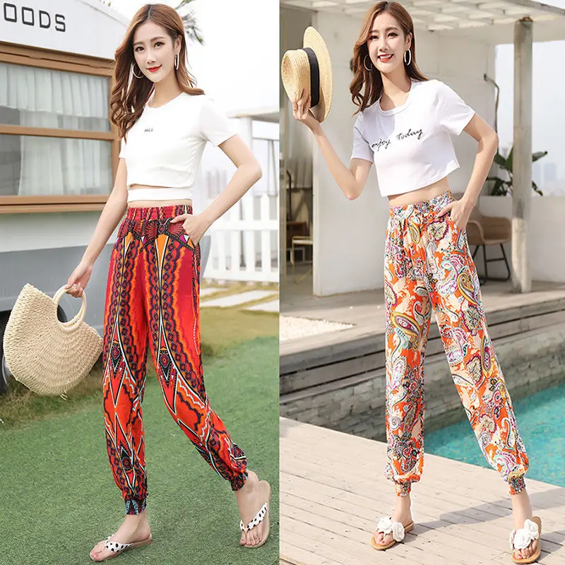 Viscose bigger sizes flower pants pants seaside beach pants in the summer of Thailand national wind slacks wide-legged pants