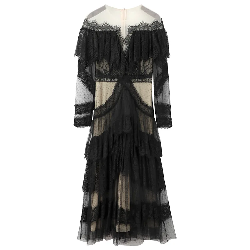 

SGEBFPALAE Elegant Mesh Spliced Lace Evening Dress Women's Summer 2021 New Slash Neck Waist Long Sleeve Mi-calf Dresses 5E799