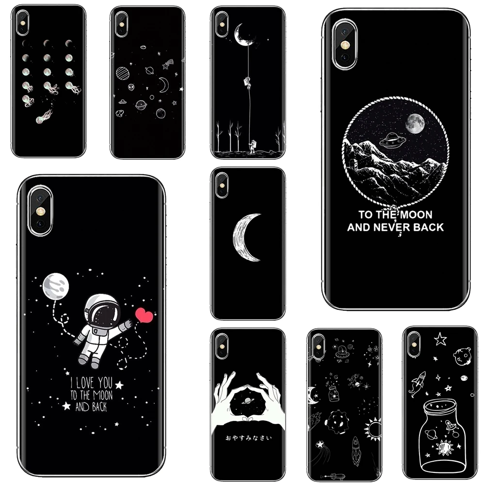 

For iPhone iPod Touch 11 12 Pro 4 4S 5 5S SE 5C 6 6S 7 8 X XR XS Plus Max 2020 Soft Cover black white moon stars space astronaut