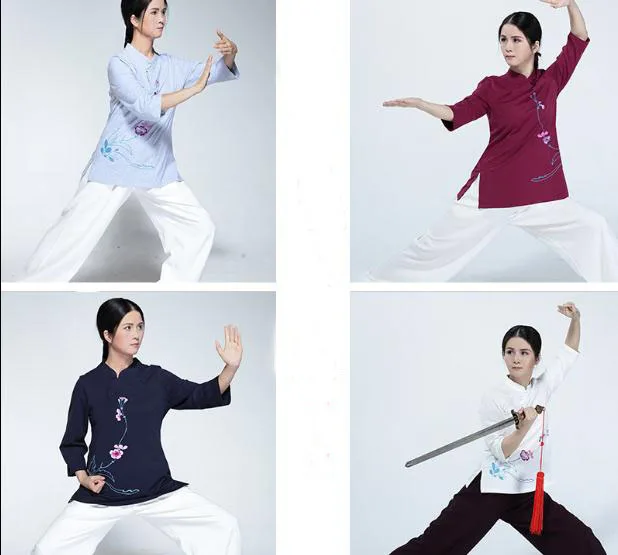 Женский хлопковый костюм высшего качества с вышивкой Тай Чи футболка кунг фу для