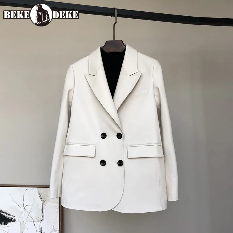 

Women Office Real Leather Sheepskin Blazers Fashion Double Breasted White Suit Jackets Elegant Loose Long Sleeve Outerwear