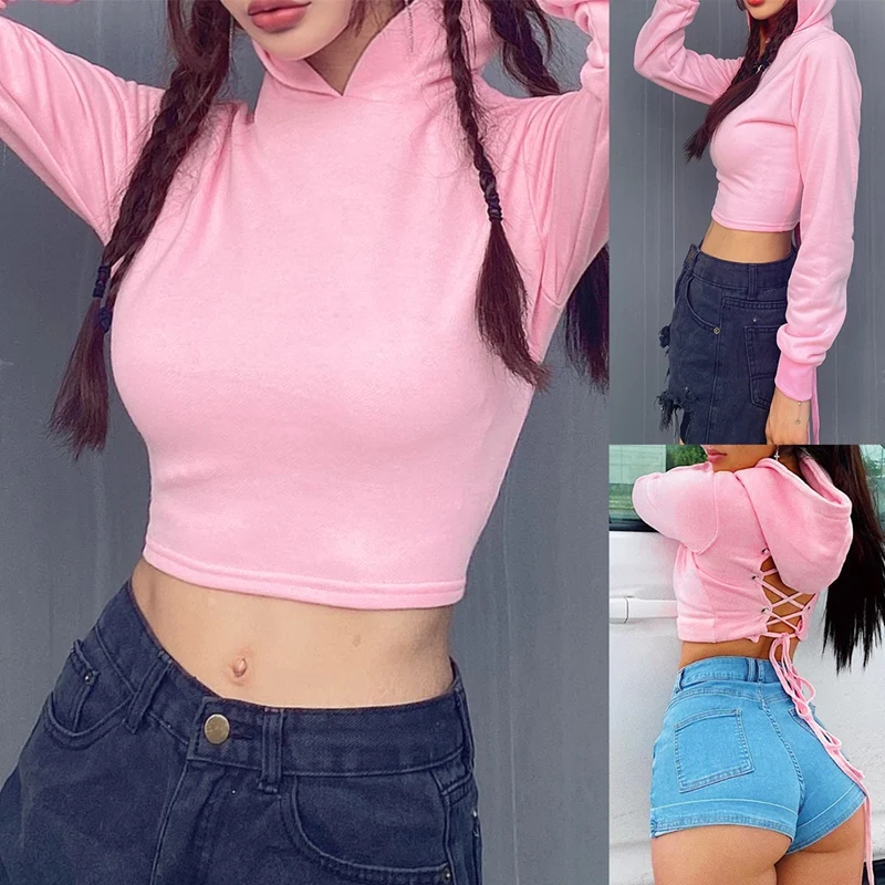 

Kili Back Strap Long-Sleeved T-Shirt Street Fashion Solid Color Hooded Corns Cross Strap Sweater Autumn