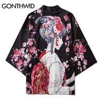 gonthwid japanese gril cherry blossoms flowers print front open kimono cardigan shirts jackets streetwear hip hop summer coats