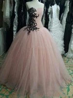 light pink ball gown prom dresses sweetheart strapless quinceanera dress appliques black lace beads floor length special party
