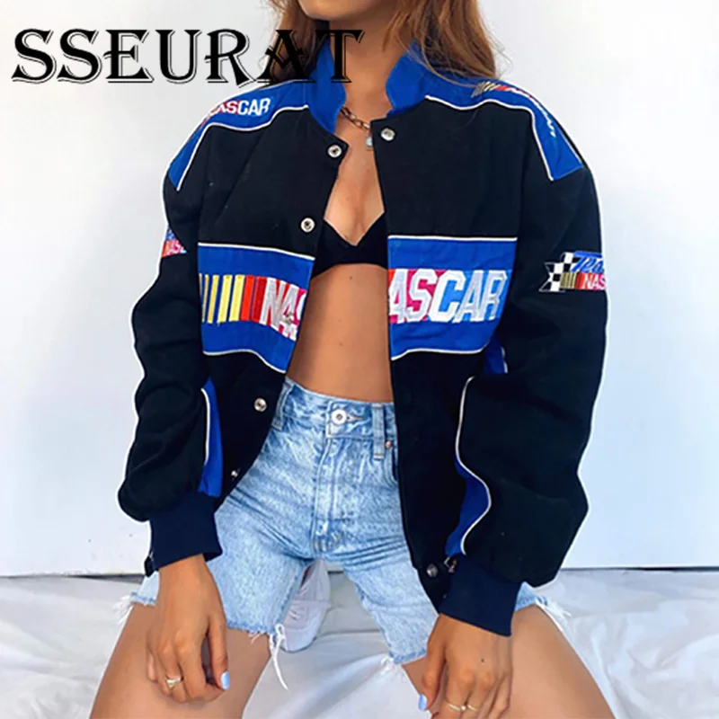 

SSEURAT 2021 Spring New Sports Style Printed Casual Loose Coat Women Jacket Colorblock Jackets for Women Techwear Coat Women