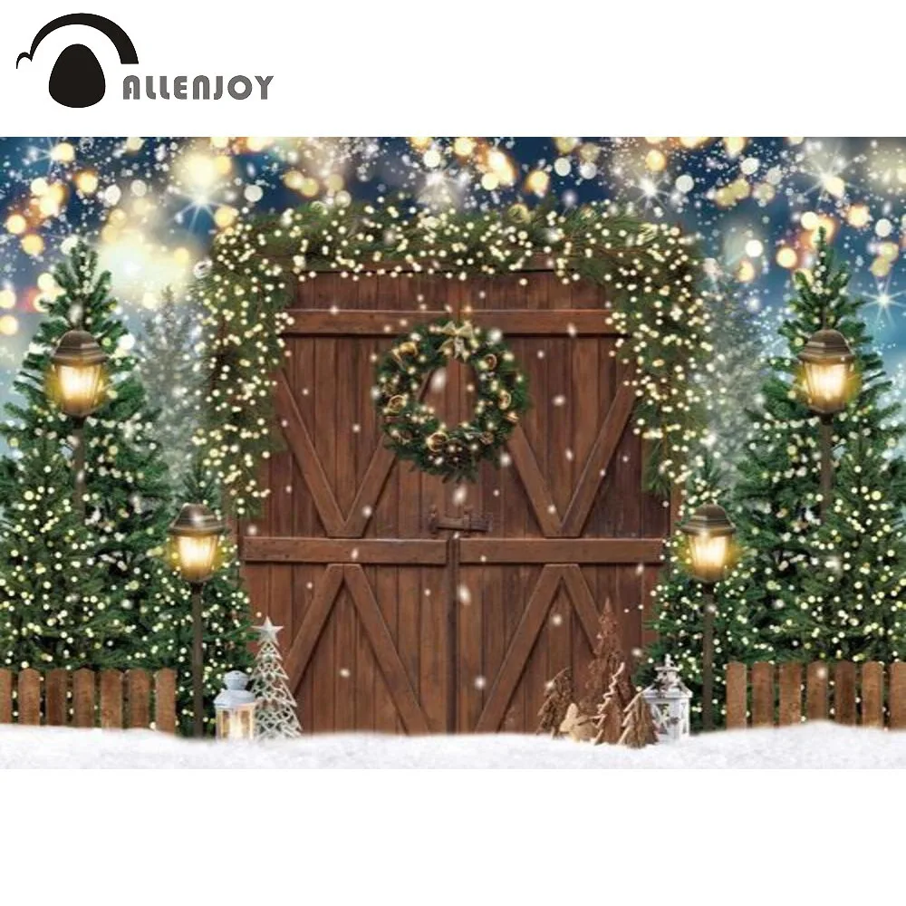 

Allenjoy Wood Door Backdrop Winter Night Tree Bokeh Light Christmas Outdoor Snow Baby Portrait Photographic Background Photocall