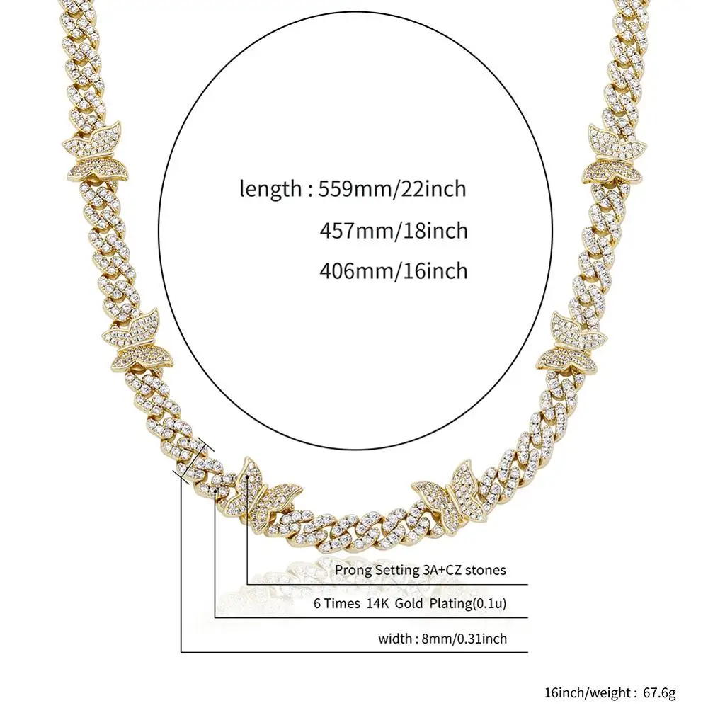 АЛЛИСЕОНЮ 8 мм Бабочка Кубинская цепочка ожерелье с инкрустацией из высококачественного кубического циркона блестящая хип-хоп-шармовая ювелирная украшение для женщин подарок на