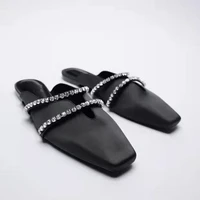 2021 spring and summer new shoes black square head crystal mule shoes casual fashion outer half slippers line beaded shoes women