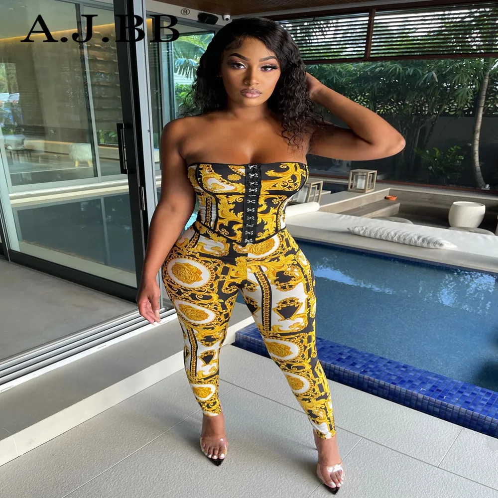 

2021 summer new sexy printed nightclub Jumpsuit fashion slim off shoulder sleeveless women's bra pants