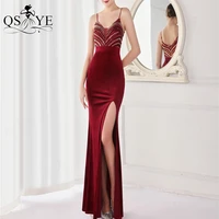 sparkle burgundy prom dresses mermaid spaghetti straps sequin evening gown split v neck sexy red party formal dress women chic