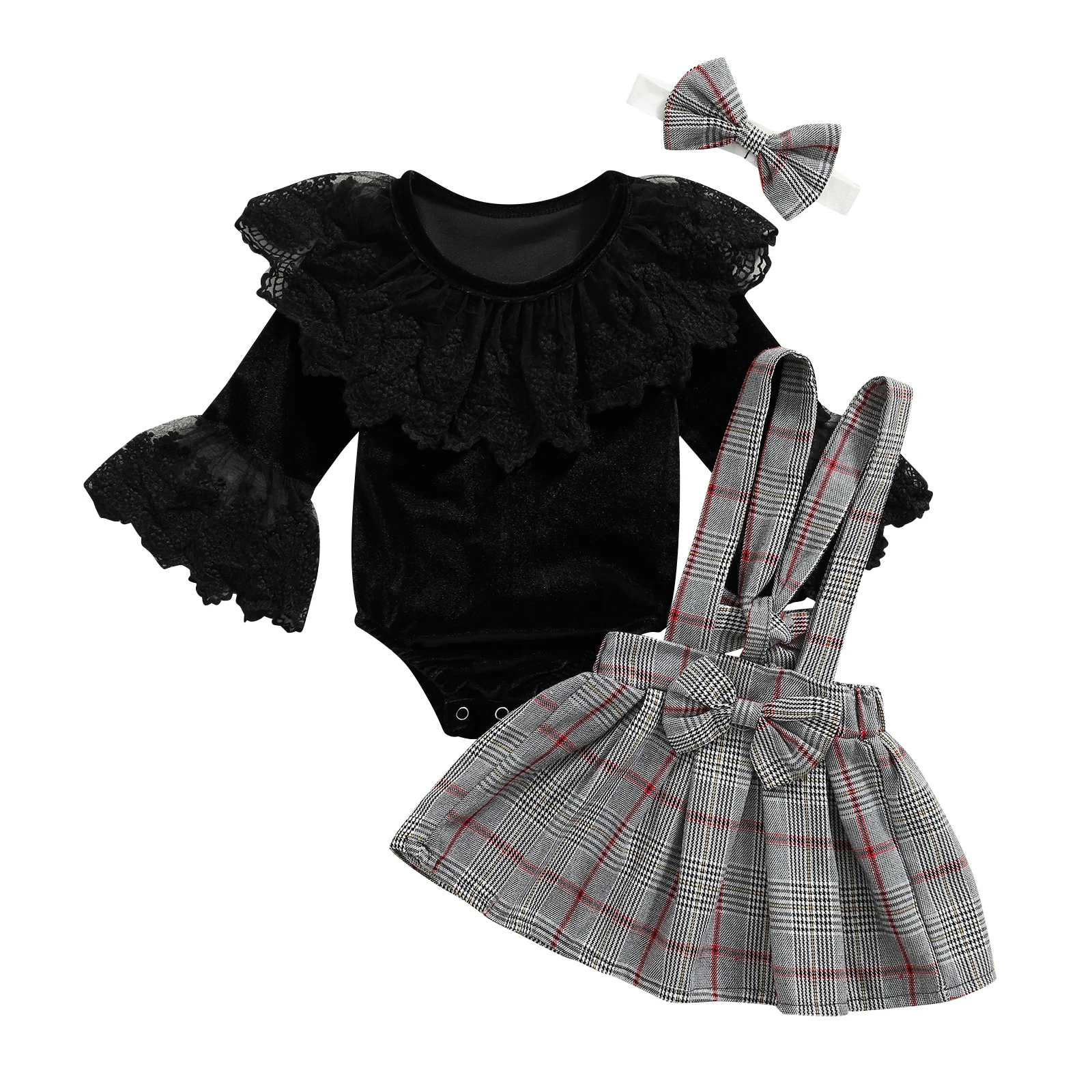 

Autumn 2Pcs Baby Girls Rompers Skirt Clothing Sets Newborns Solid Color Long Sleeve Plaid Shoulder Strap Bowknot Skirt Hairband