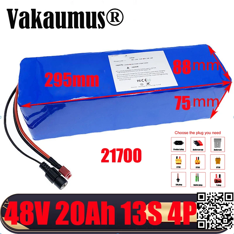 

Vakaumus 48V lithium battery 20Ah T plug 21700 5000mah/cell built-in 25A BMS 13S For 800W motor electric bicycles Fast delivery