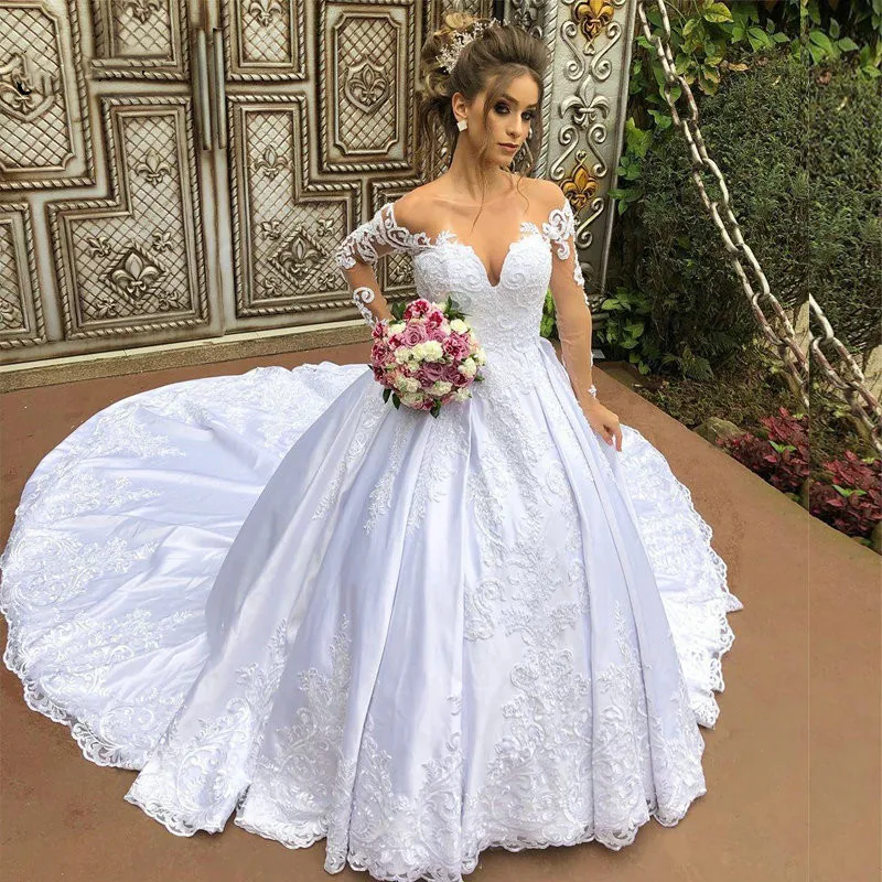 

Vintage Long Sleeve Satin Ball Gown Wedding Dress Open Back Appliques Lace Dubai Arabic Bridal Wedding Dresses
