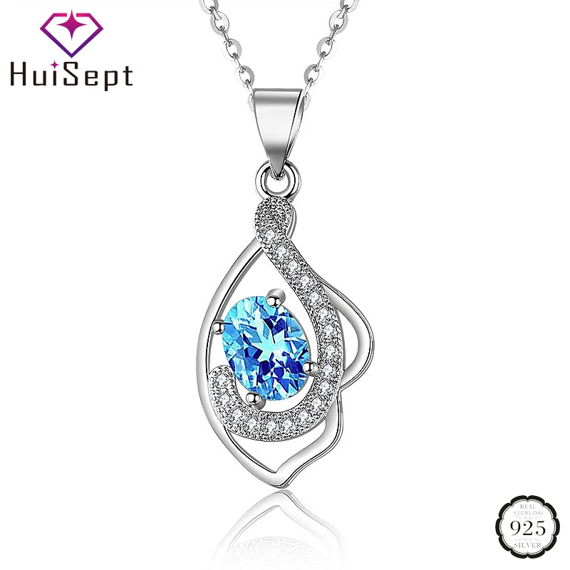 

HuiSept Fashion Silver 925 Necklace Oval Sapphire Zircon Gemstone Geometric Shape Pendant Jewelry Accessories for Women Wedding