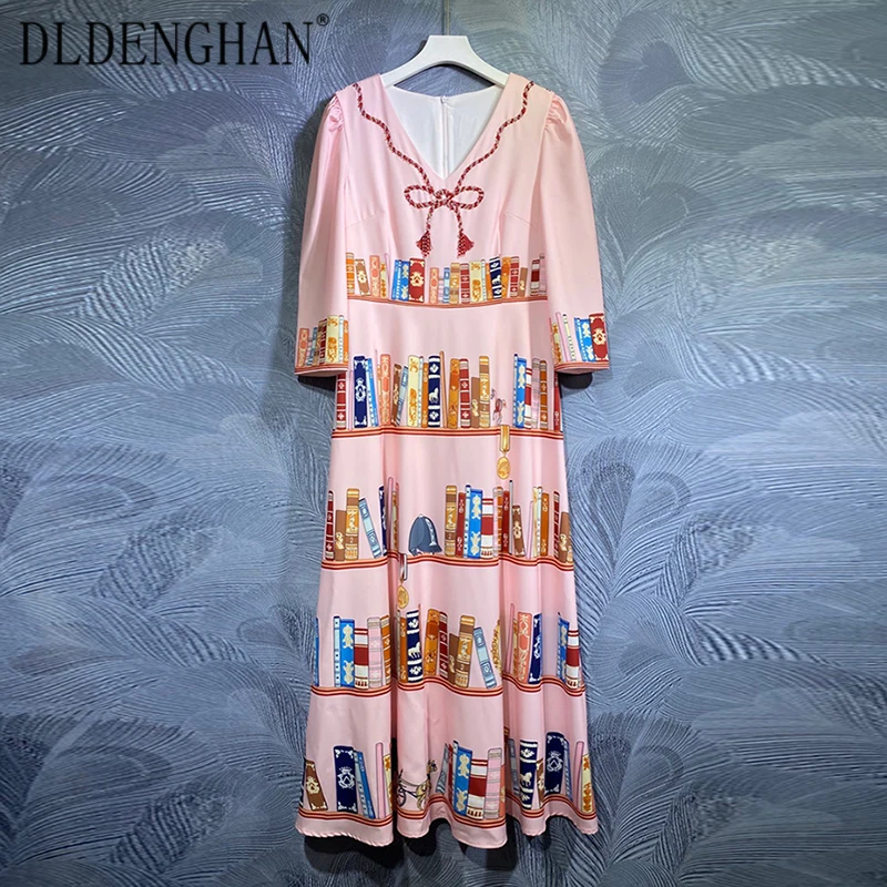 

DLDENGHAN Fashion Runway Designer Summer Dress Women V-Neck Half Sleeve Beading Print Party Long Dresses