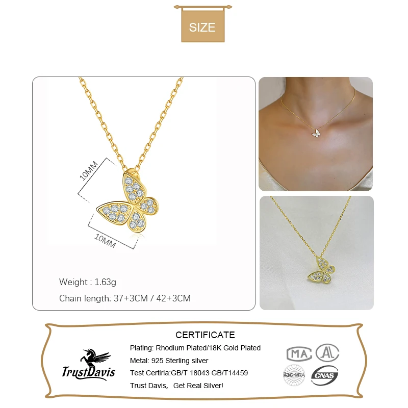 TrustDavis Real 925 Sterling Silver Butterfly Pendant Clavicle Chain Necklace Women 14K Gold Plated Party Jewelry Gift L116 | Украшения и