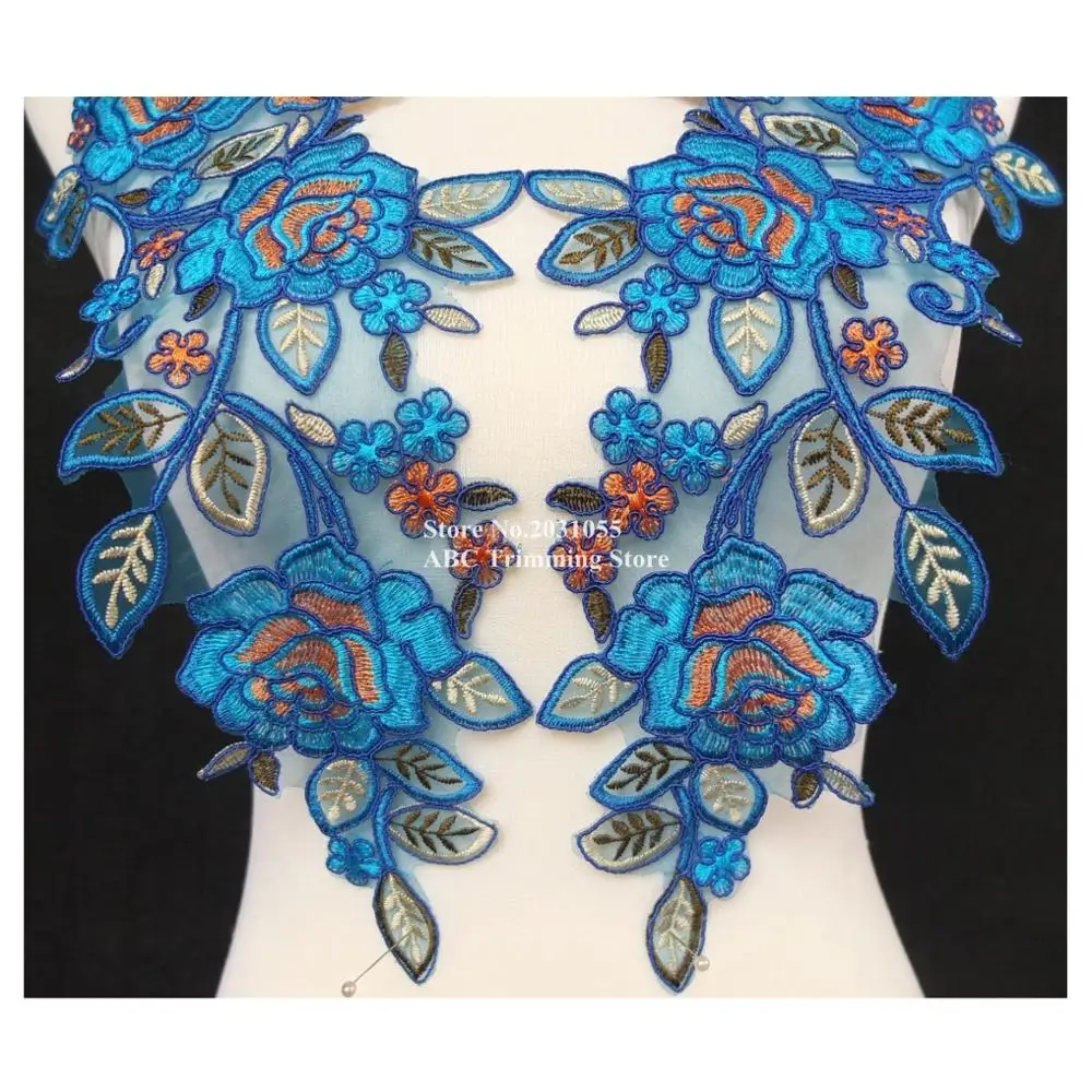 1 пара = 2 шт. x синий/оранжевый органза Цветочная вышивка Кружевная аппликация