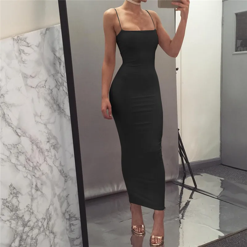

Black Casual Spaghetti Strap Midi Dress Summer Club Party Wrap Dresses Women Fashion Streetwear Robe Femme Solid Sling Vestidos