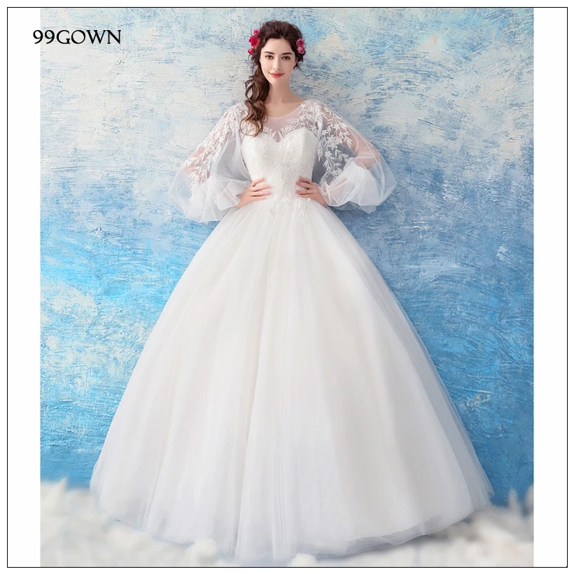 99GOWN, простые свадебные платья для свадебной церемонии, длинный рукав-фонарик, ТРАПЕЦИЕВИДНОЕ свадебное платье из тюля, с кружевами, с открытой спиной, бальное платье