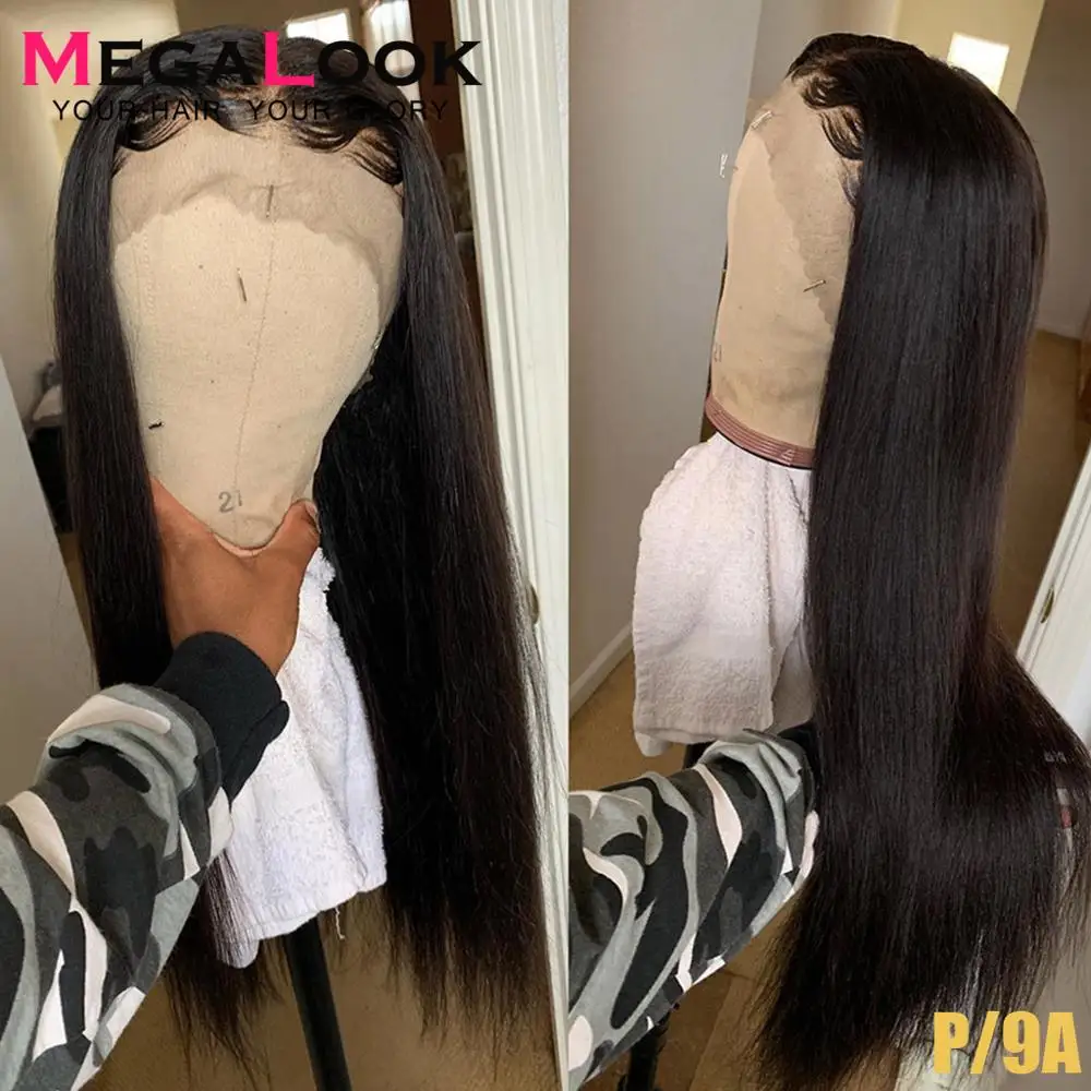 Прямой парик на сетке спереди 13x4 Megalook Hair 30 дюймов черные парики без повреждений