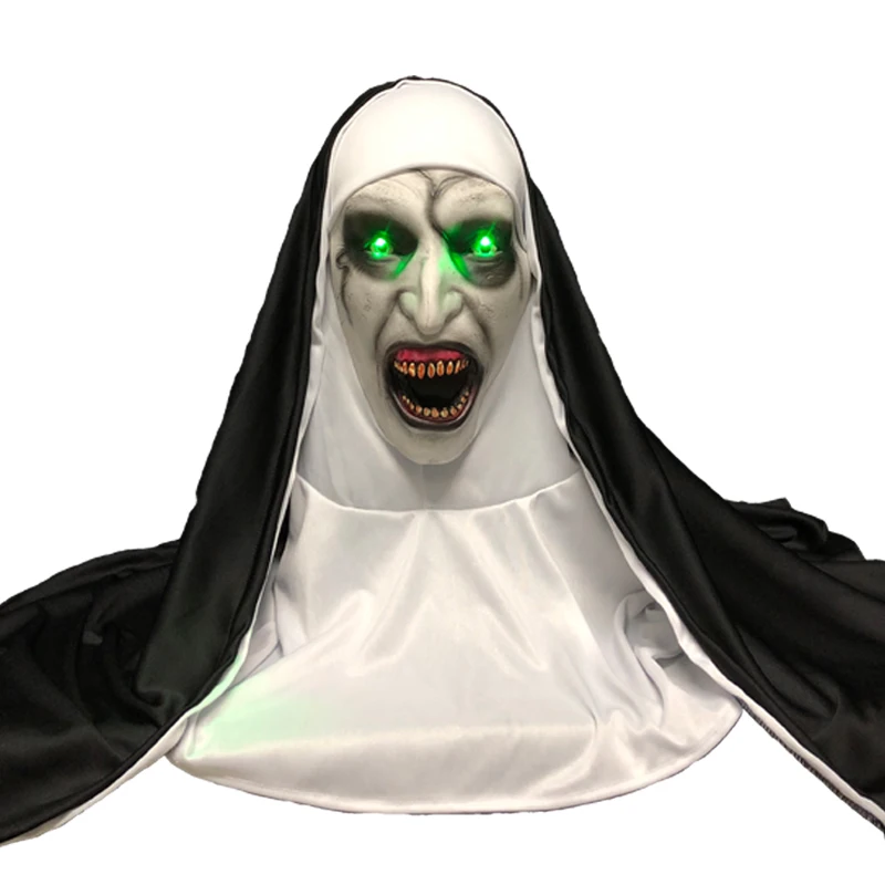 LED Horror The Nun Mask Cosplay Scary Latex Masks with Headscarf Led Light Halloween Party Props Deluxe images - 6