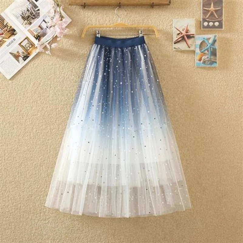 Длинная женская юбка из тюля 2019 весна лето расшитая блестками Звезда элегантная