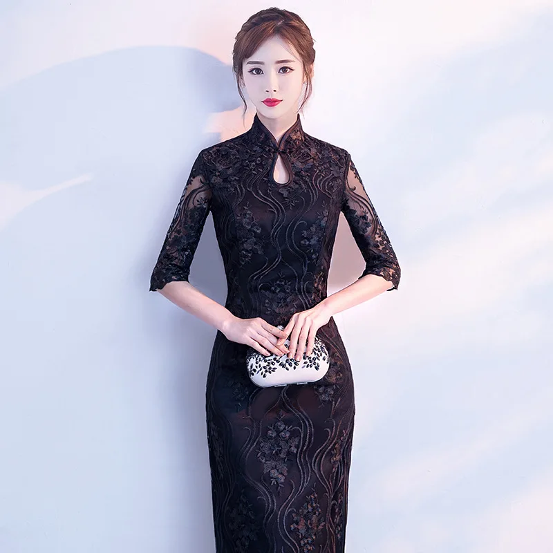 

Black Cheongsam Chinese Persepective Sleeve Lady Flower Qipao Long Slim Evening Party Dress traditional chinese bride dress