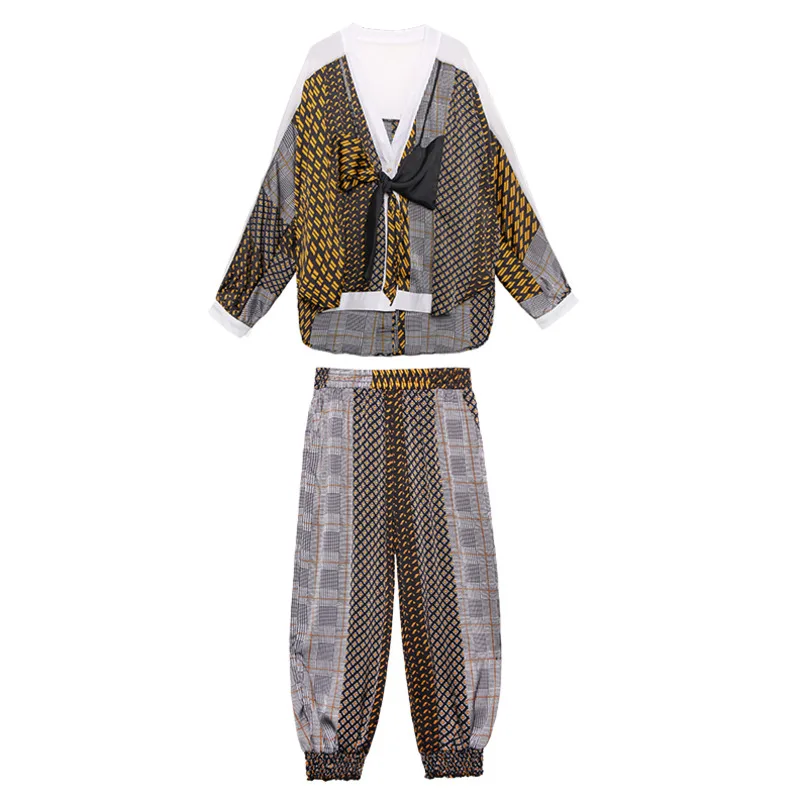 

XUXI Women Casual Fashion Suit Streetwear Thin Tie Feet Pants Loose Slimming Top Trousers Two-piece Blouse Summer 2021 E2178