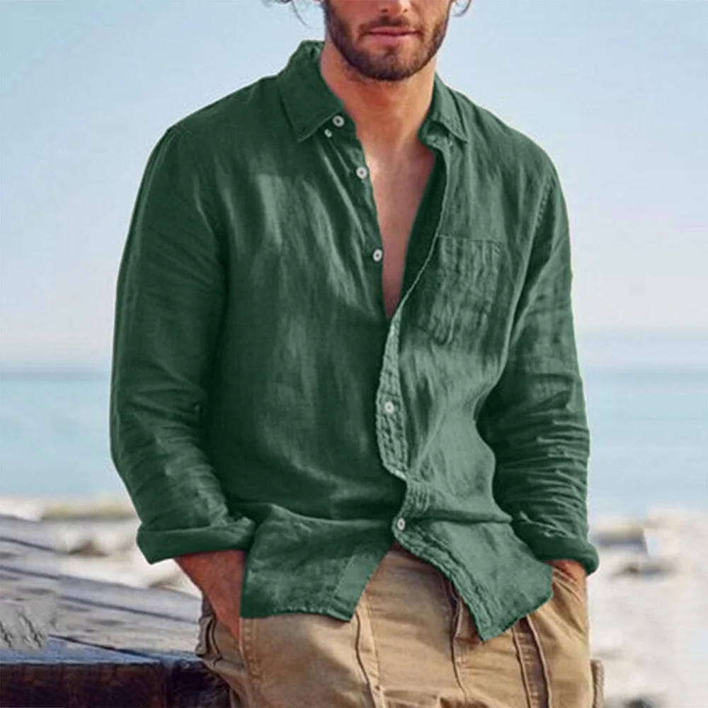 Zogaa Pure color casual lapel cardigan cotton and linen loose casual retro men's shirt