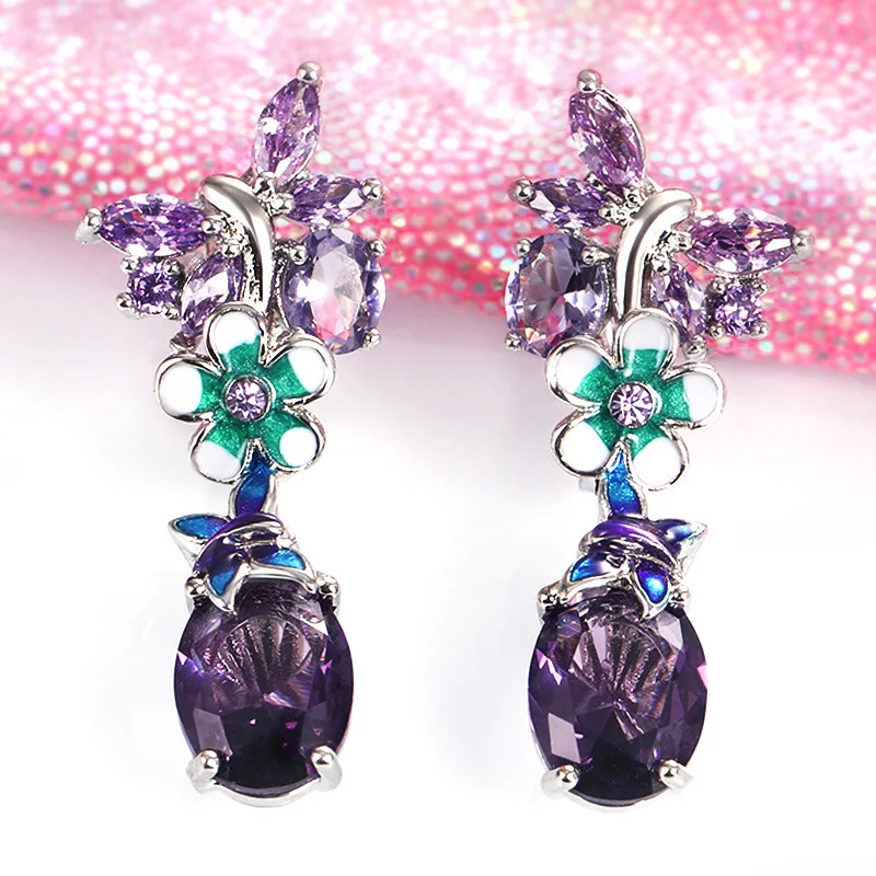 

Luxury Bohemia AAA Zircon Dangle Earrings Charm Women Purple Crystal Flowers Earrings Elegant Bride Wedding Engagement Jewelry