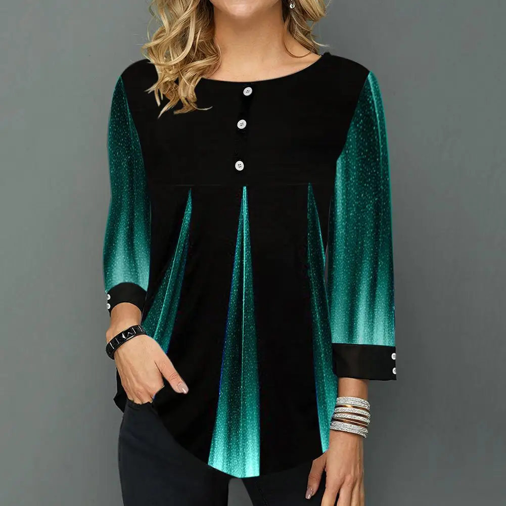 Модная женская футболка с круглым вырезом и рукавом 3/4 принтом пуговицами