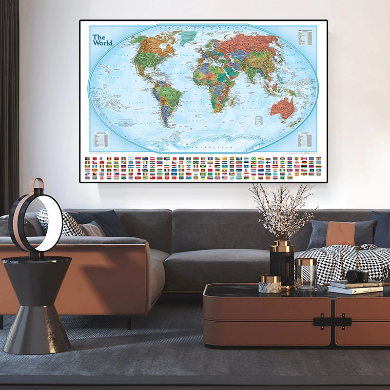 

90*60cm The World Political Map With National Flags Vintage Canvas Painting Poster Wall Sticker Card Living Room Home Decoration